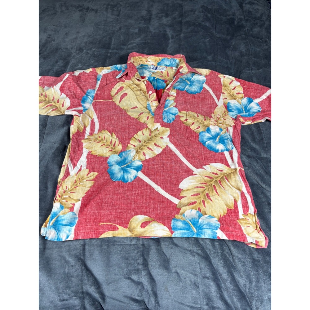 RJC Hawaii Mens Red Tropical Hibiscus Monstera Pullover Aloha Shirt Sz M 6000